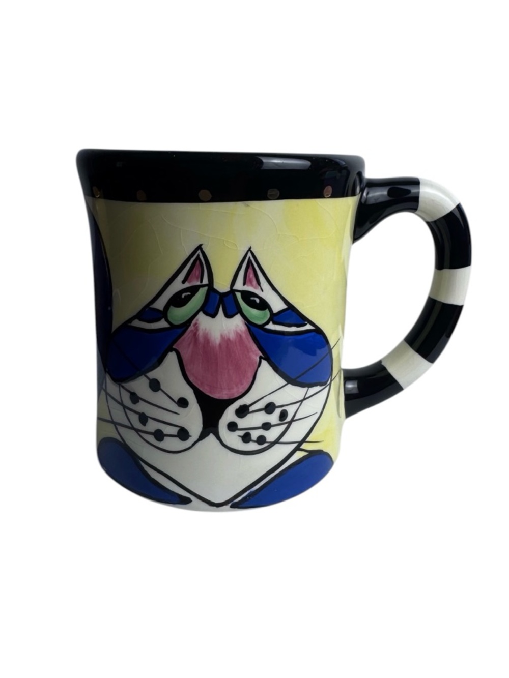 SWAK Lynda Corneille Casper Cat Mug 2002 Hand Painted Ceramic Blue Yellow